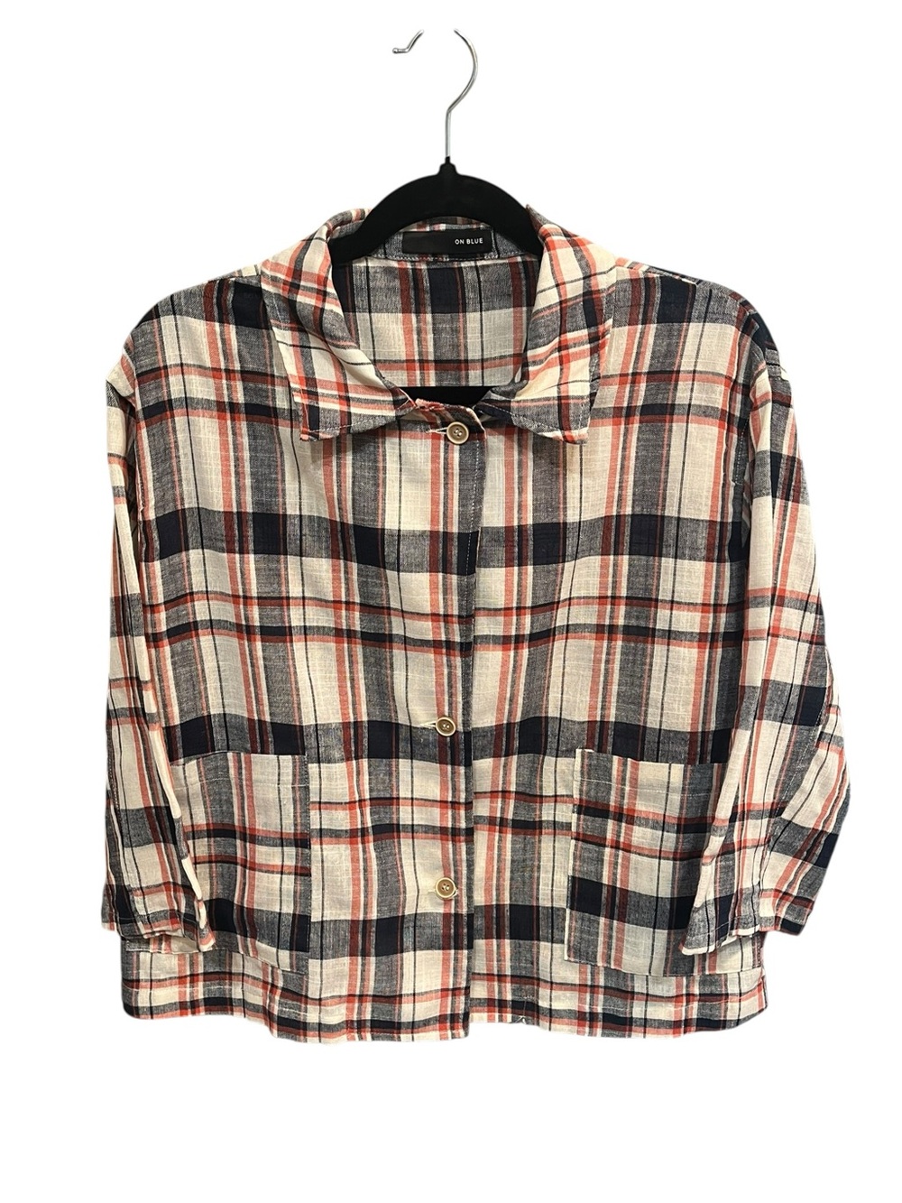On Blue Linen Blend Plaid 3/4 Sleeve Light Weight Blazer - Medium